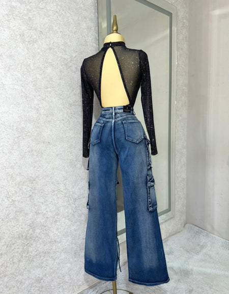 Bodysuit negro transparente y glitter