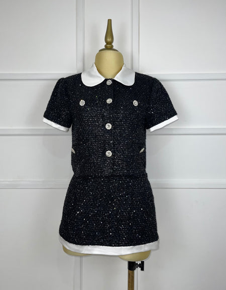 Set negro tweed brilloso botones pedrería