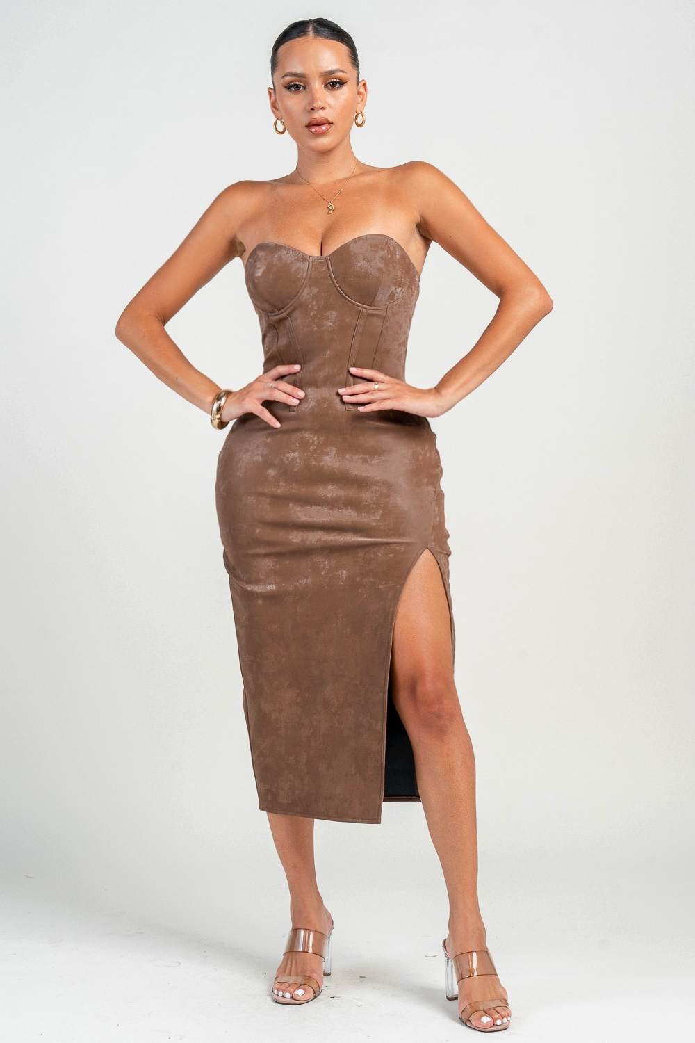 Vestido strapless vinipiel con listones