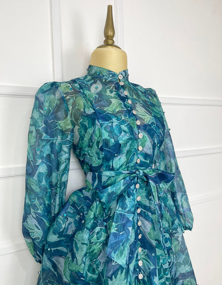 Vestido verde multi con pedreria (con forro)