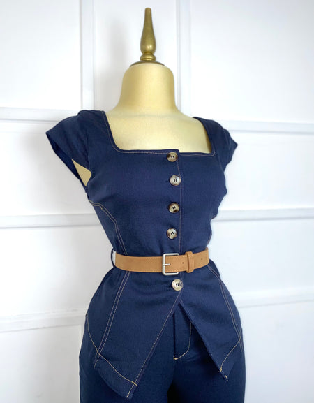 Set tipo mezclilla stretch con cinto