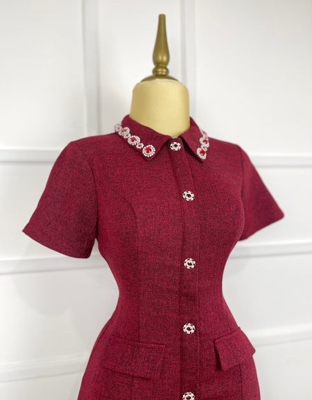 Vestido rojo tweed con pedrería