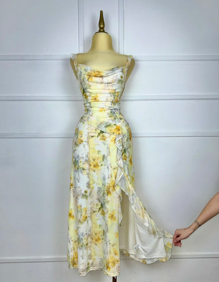 Vestido flores amarillas stretch con abertura