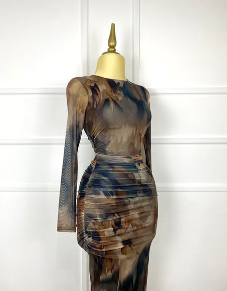 Vestido midi mesh café multi