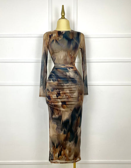 Vestido midi mesh café multi