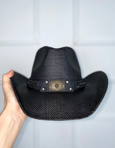 Sombrero negro paja con cadena