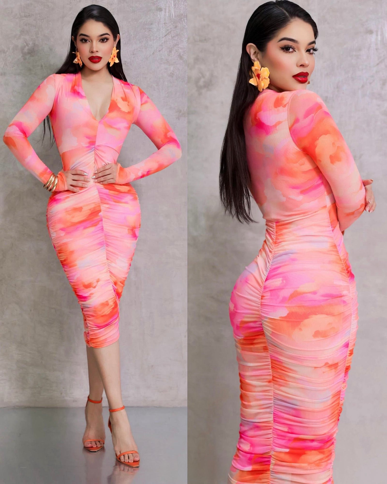 Vestido midi drapeado multicolor
