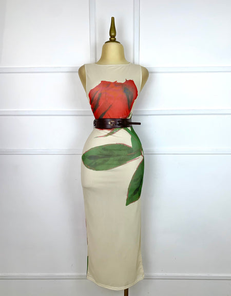 Vestido midi con abertura y cinto