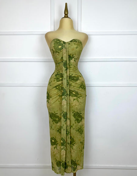 Vestido verde estampado strapless