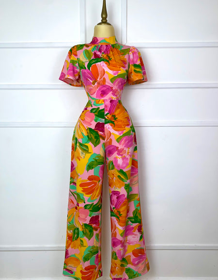 Palazzo rosa estampado tropical