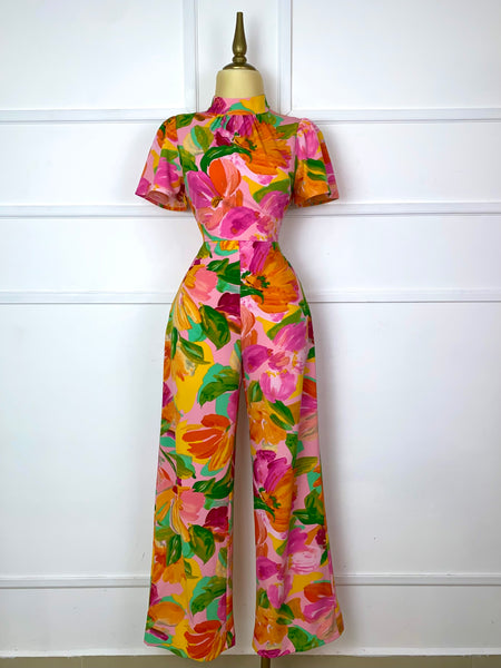 Palazzo rosa estampado tropical