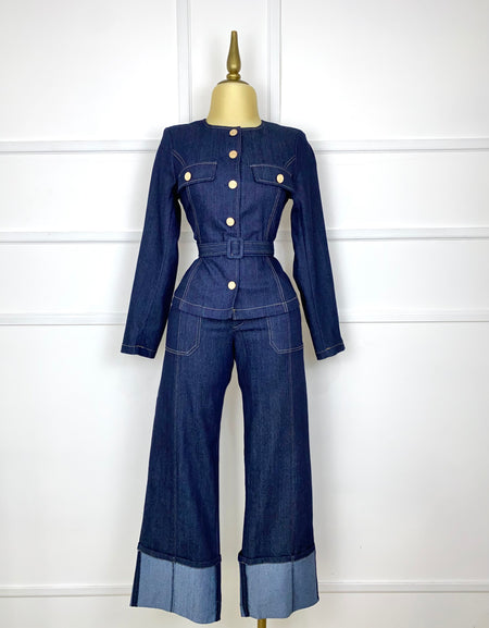 Set mezclilla con hombreras y cinto