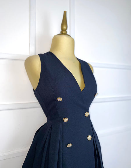 Vestido azul botones pedrería y perlitas