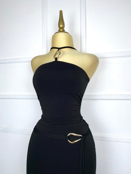 Set negro stretch hebillas doradas