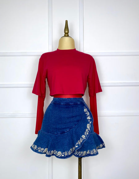 Short falda mezclilla con flores bordadas