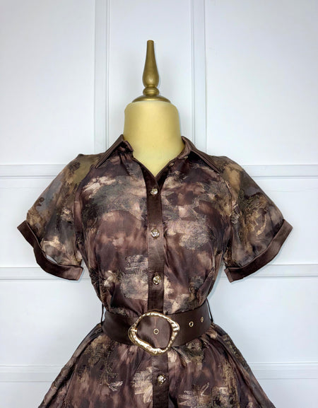 Vestido multi café corte A con cinto