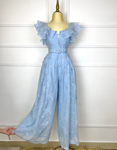 Palazzo baby blue con flores y cinto