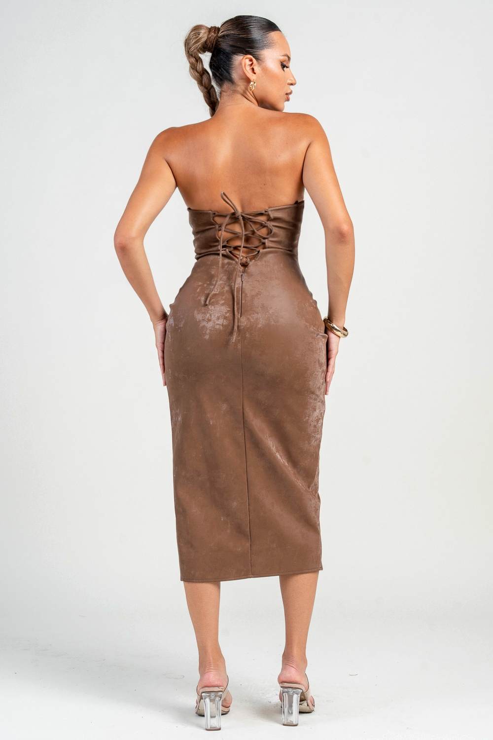 Vestido strapless vinipiel con listones