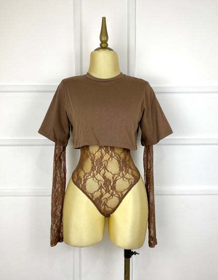 Bodysuit café tipo top encaje