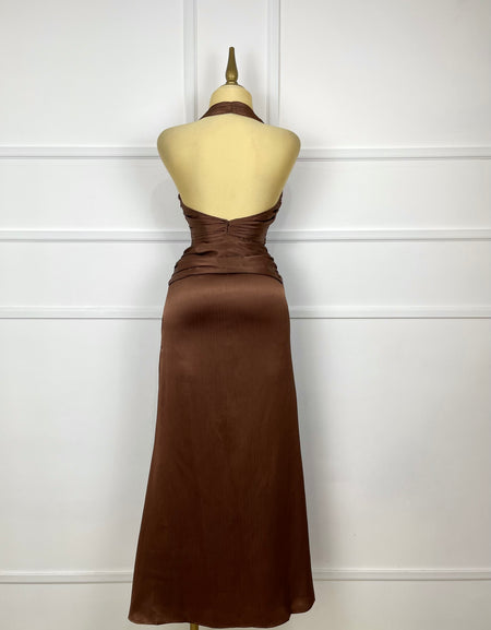 Vestido midi café satinado