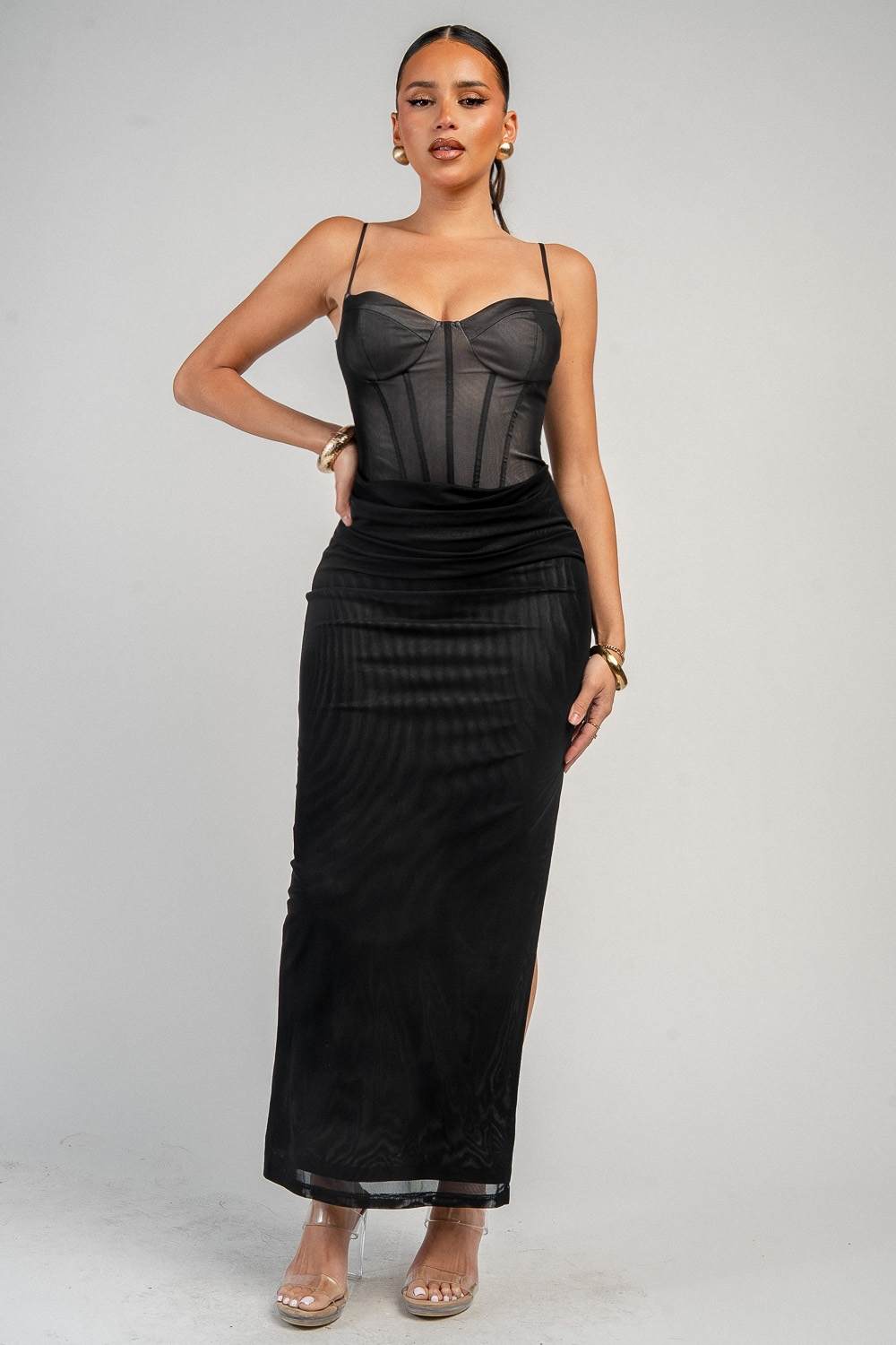 Vestido negro corset con drapeado