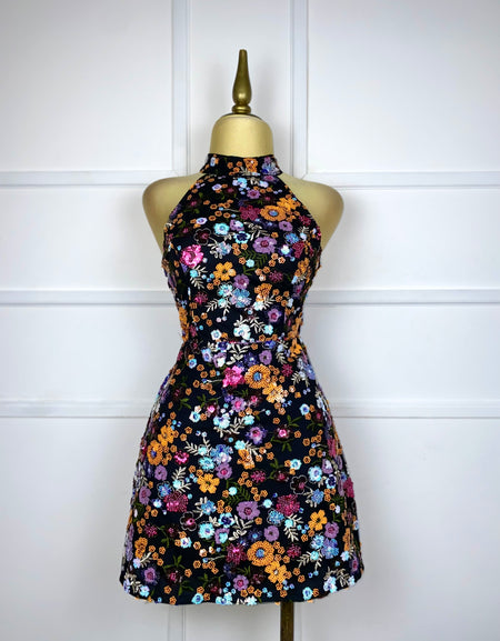 Vestido negro flores multicolor de lentejuelas