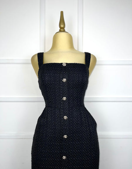 Vestido negro midi tweed botones plata