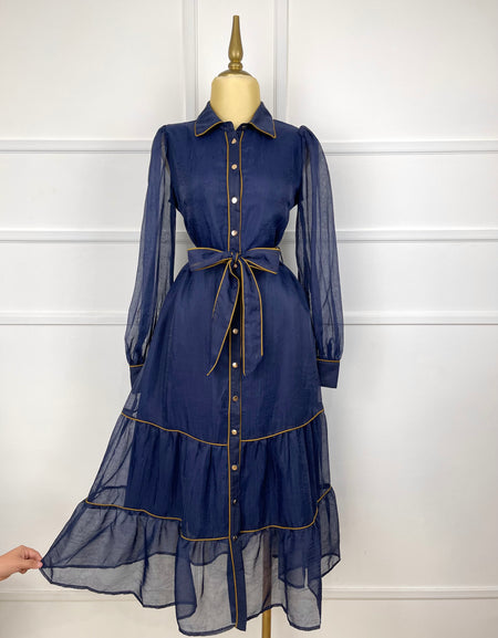 Vestido azul marino tipo gasa con listón