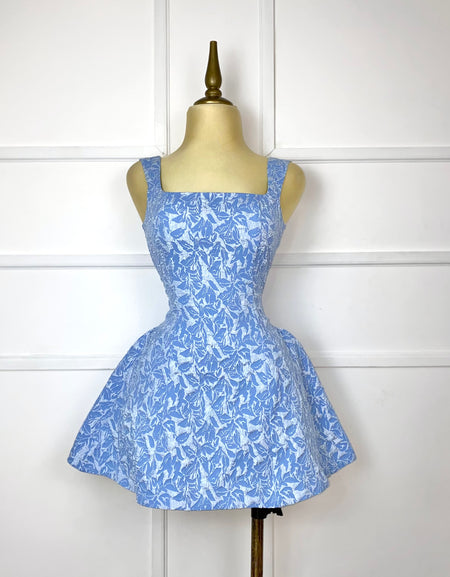 Vestido azul corto brocado