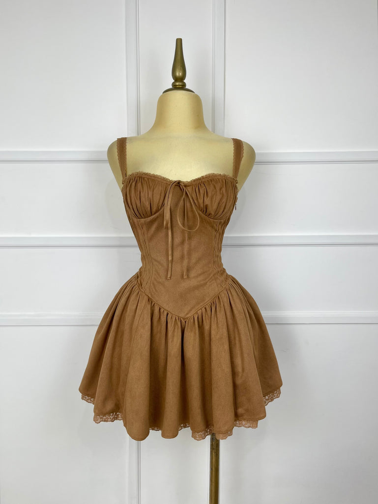 Vestido corto café de gamuza Pequeño (S)