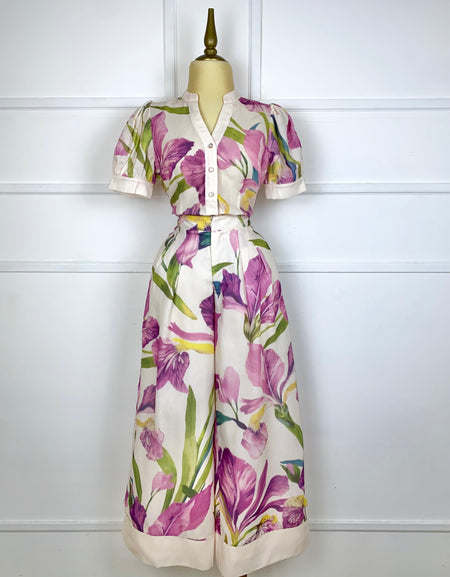Set tipo lino flores lila/rosa
