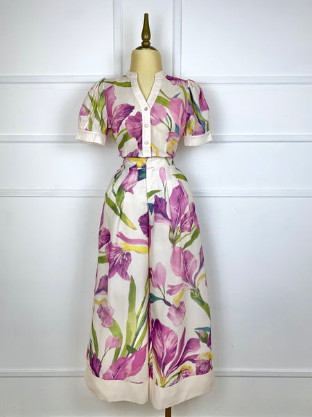 Set tipo lino flores lila/rosa