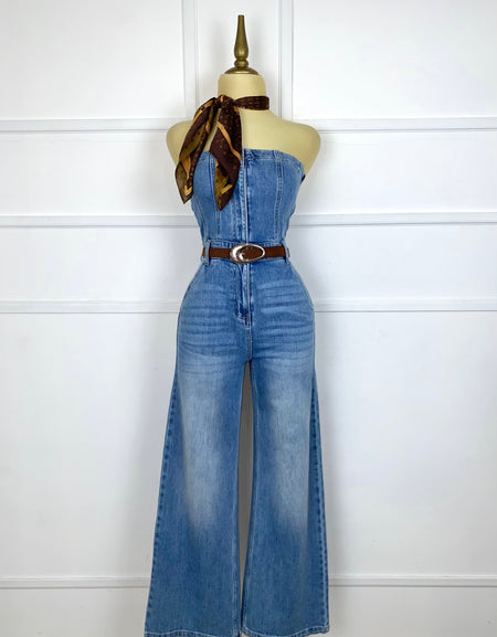 Palazzo strapless de mezclilla con cinto