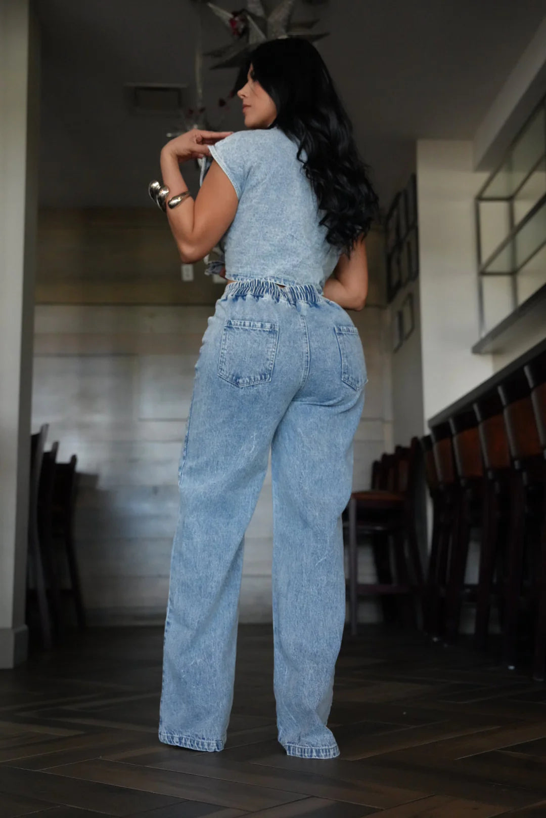 Set mezclilla con lentejuelas y chaquiras