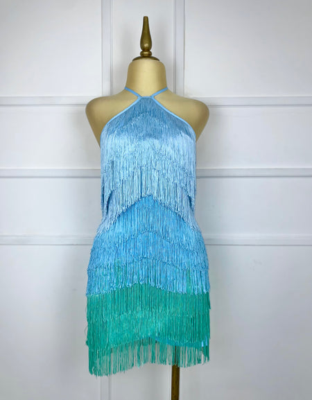 Vestido azul multicolor con flecos