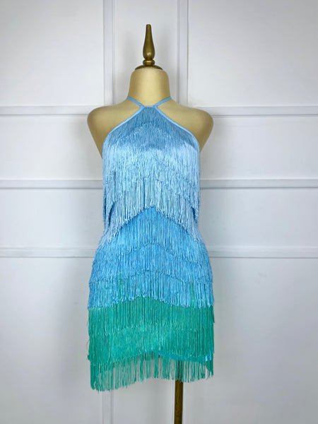 Vestido azul multicolor con flecos