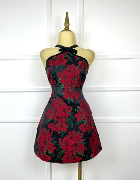 Vestido halter flores rojas