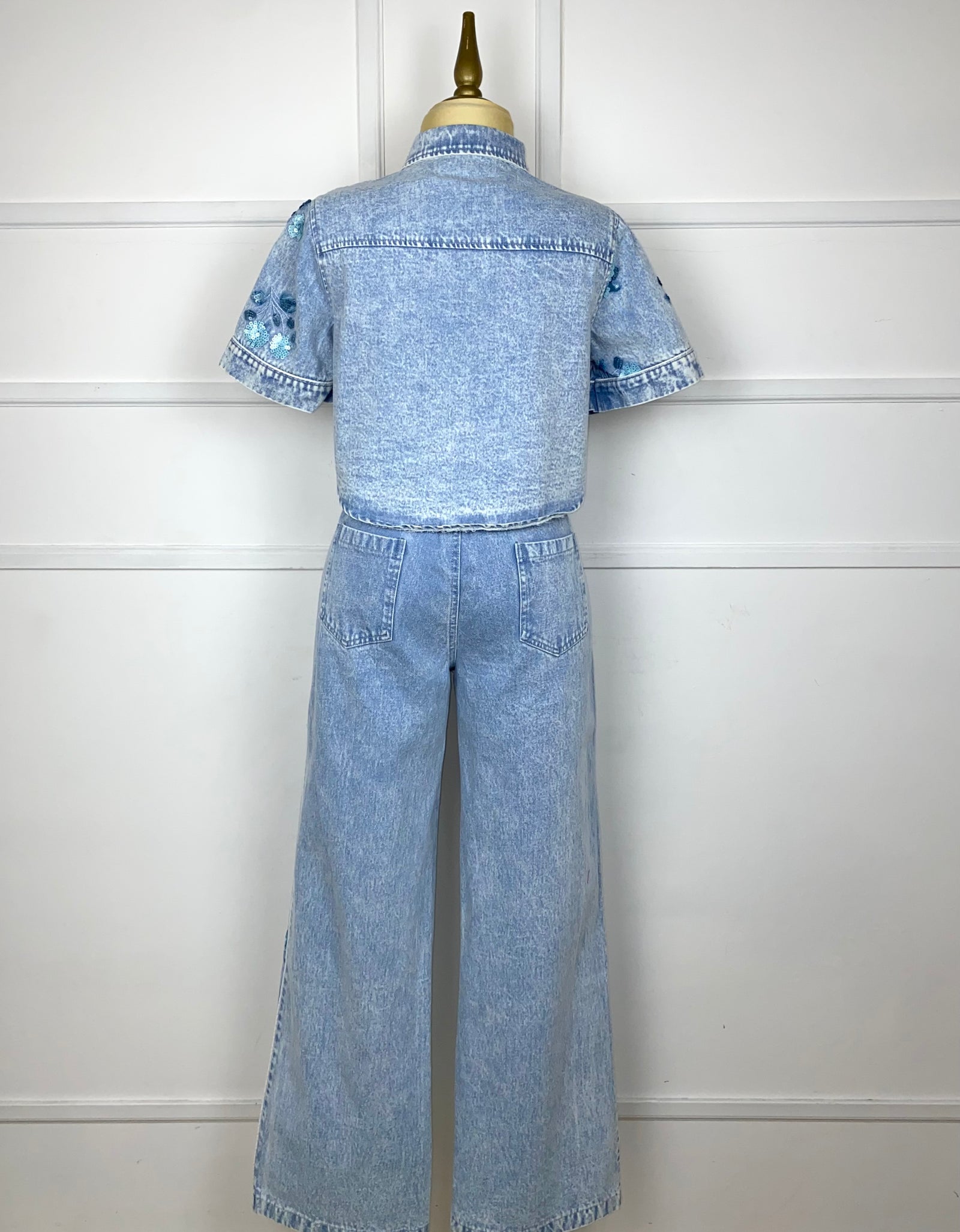 Set mezclilla flores azules de lentejuelas