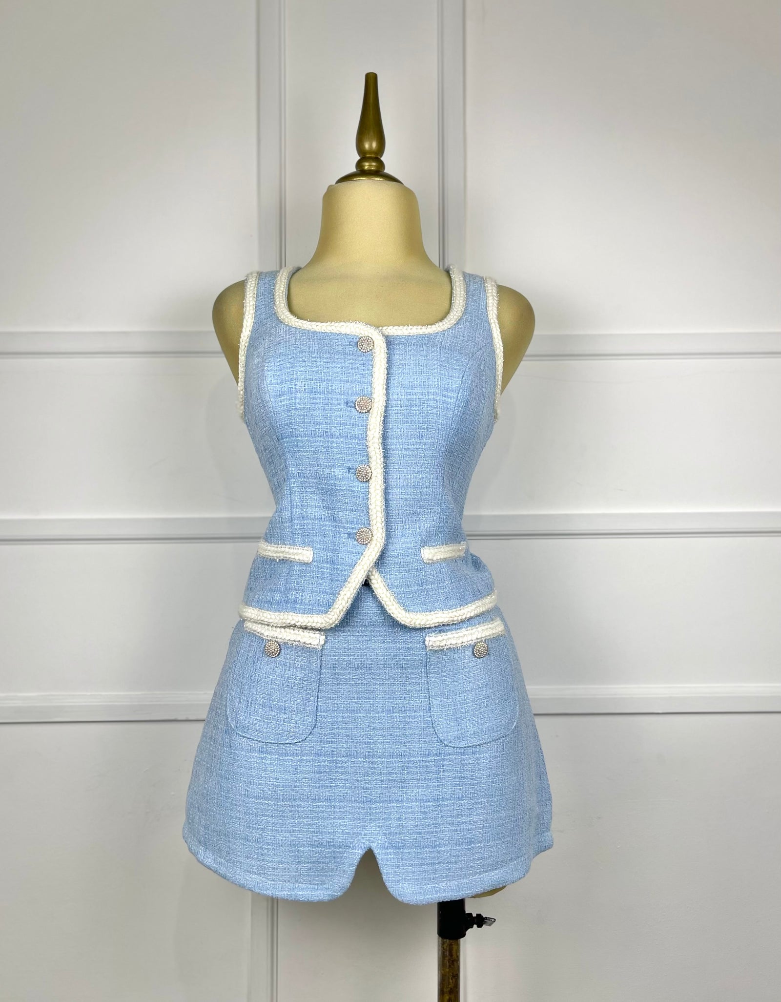 Set azul con blanco tweed