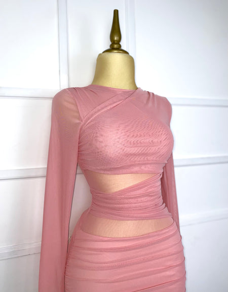Vestido rosa mesh manga larga
