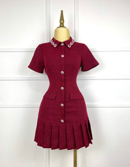 Vestido rojo tweed con pedrería