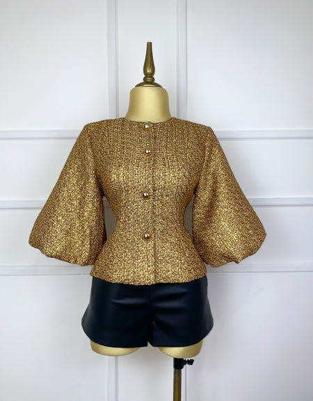 Blusa dorada tweed manga bombacha