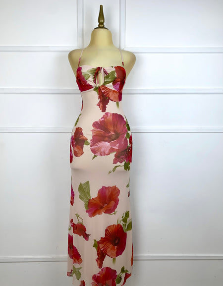 Vestido mesh nude con flores