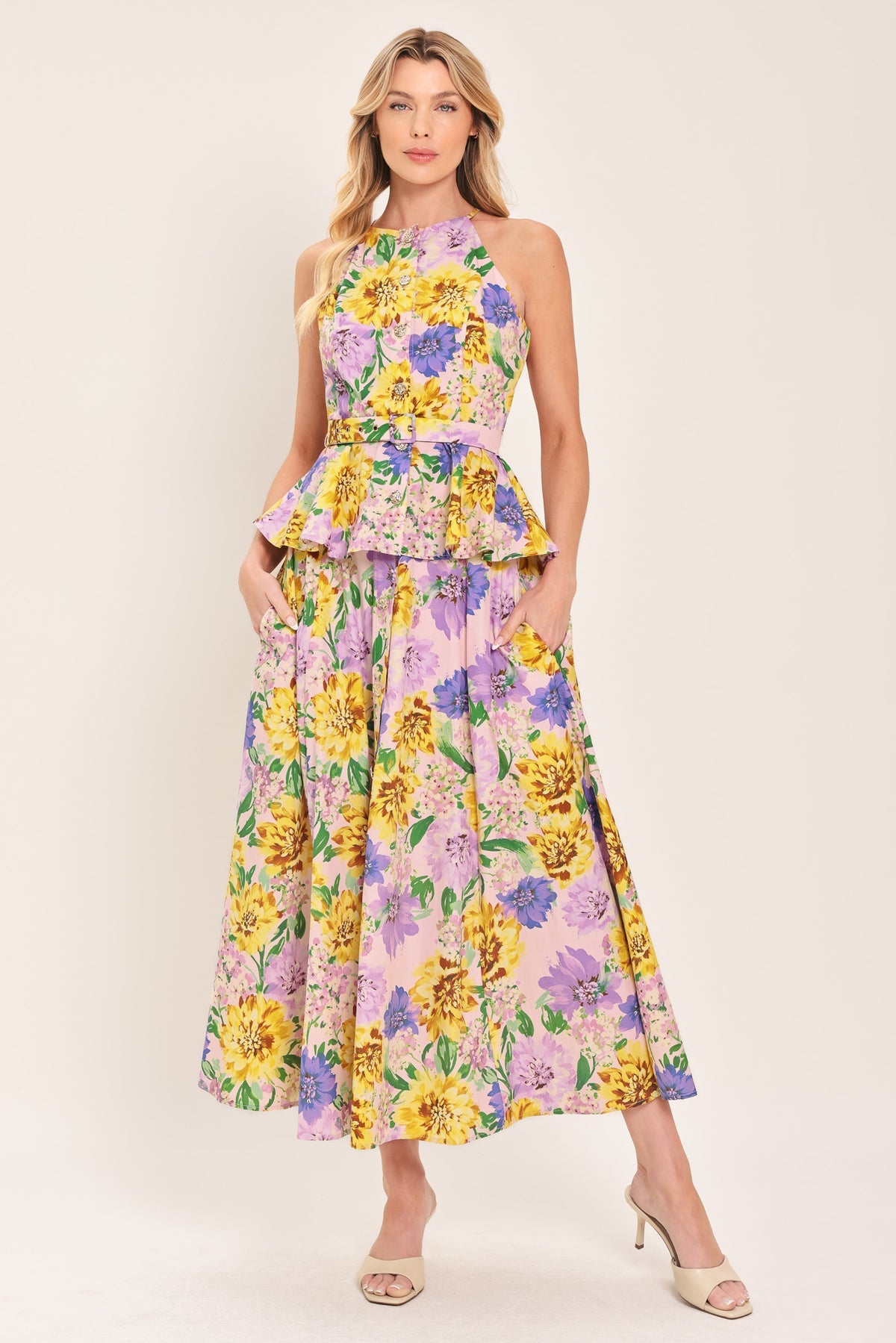 Set flores amarillas/lilas con cinto (blusa y falda)