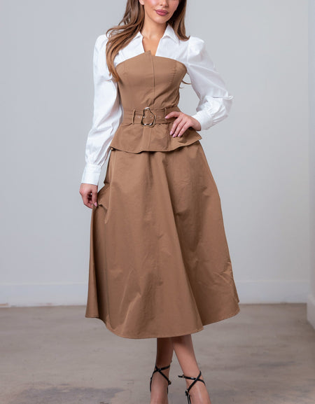 Vestido café midi con cinto