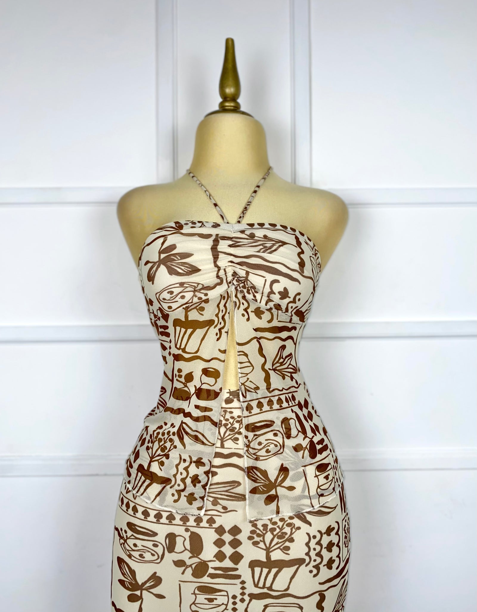 Set beige mesh estampado café