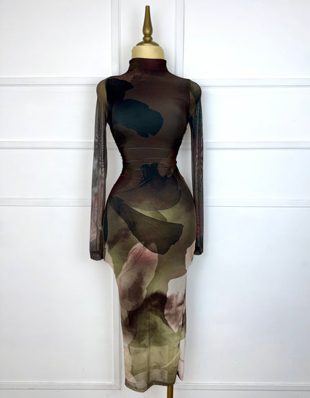 Vestido midi café estampado