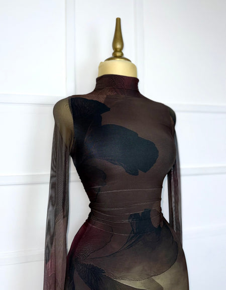 Vestido midi café estampado